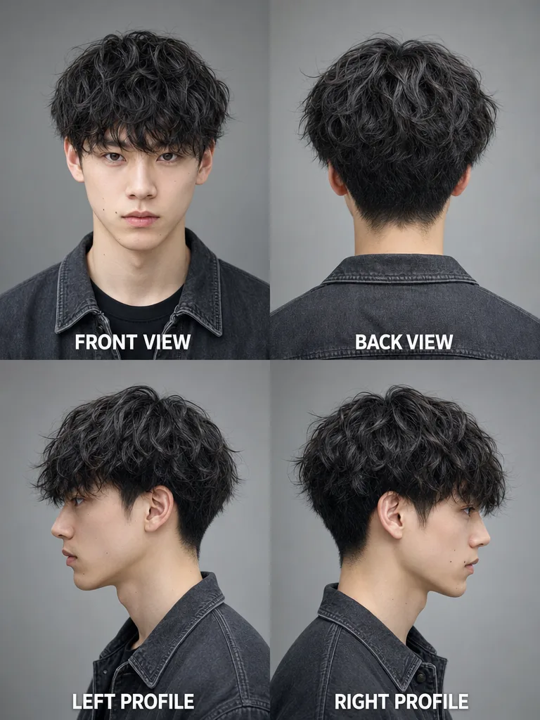 Messy Haircut Korean men's hairstyle — front, back, left & right profile
