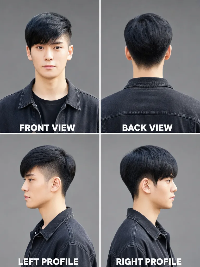 Side Swept Fringe Korean men's hairstyle — front, back, left & right profile