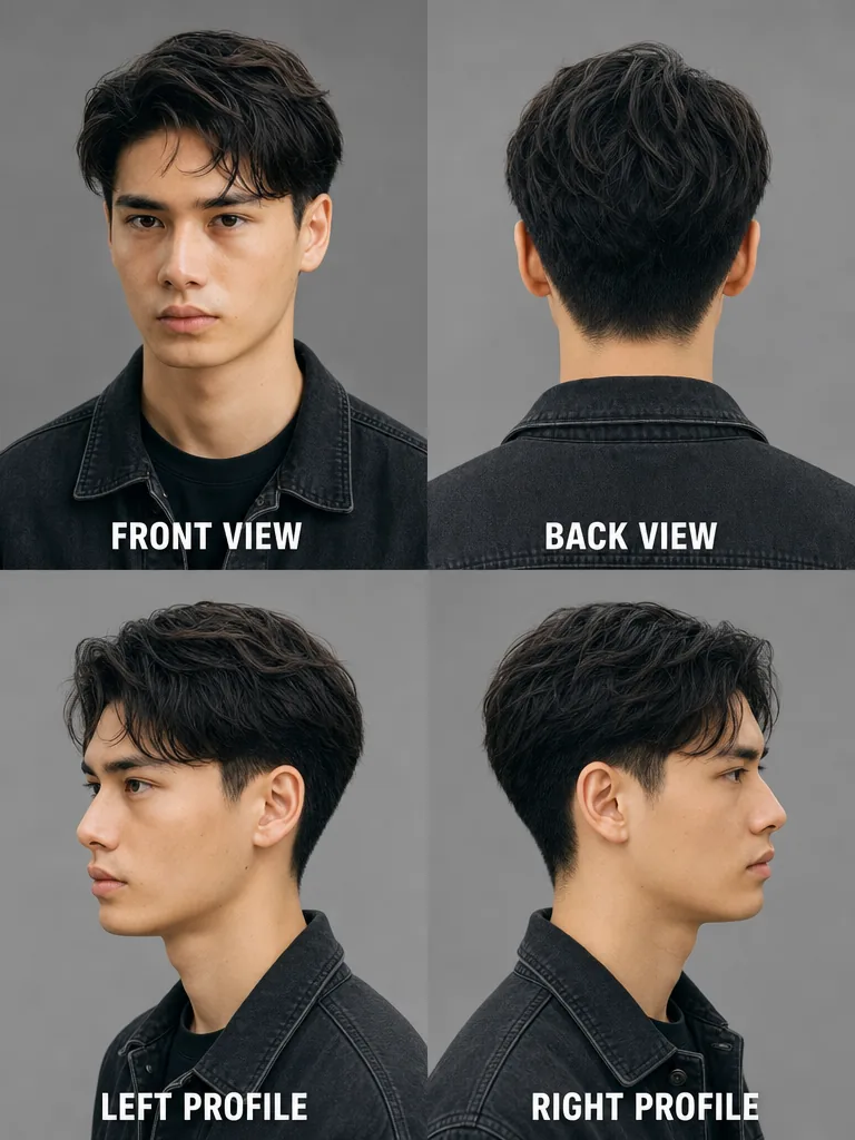 Tapered Cut Korean men's hairstyle — front, back, left & right profile