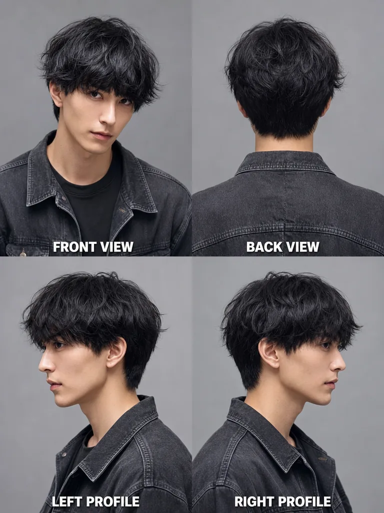 Shaggy Cut Korean men's hairstyle — front, back, left & right profile