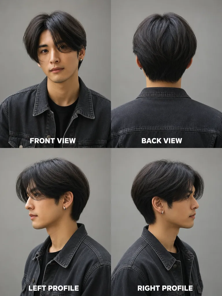 Long Bangs Korean men's hairstyle — front, back, left & right profile