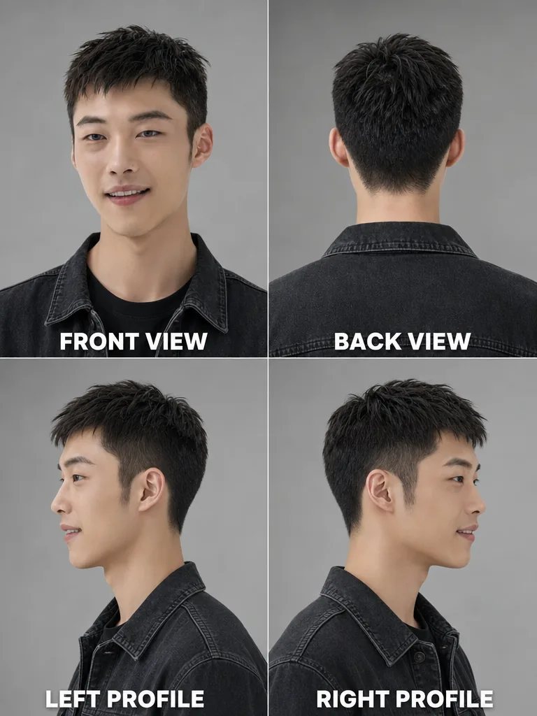 Short Korean Haircut Korean men's hairstyle — front, back, left & right profile