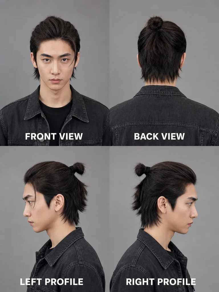 Bangs with Ponytail Korean men's hairstyle — front, back, left & right profile