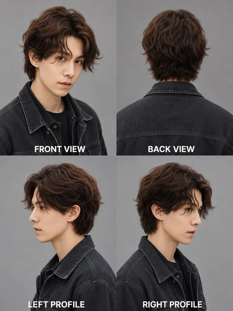 Surfer Cut Korean men's hairstyle — front, back, left & right profile