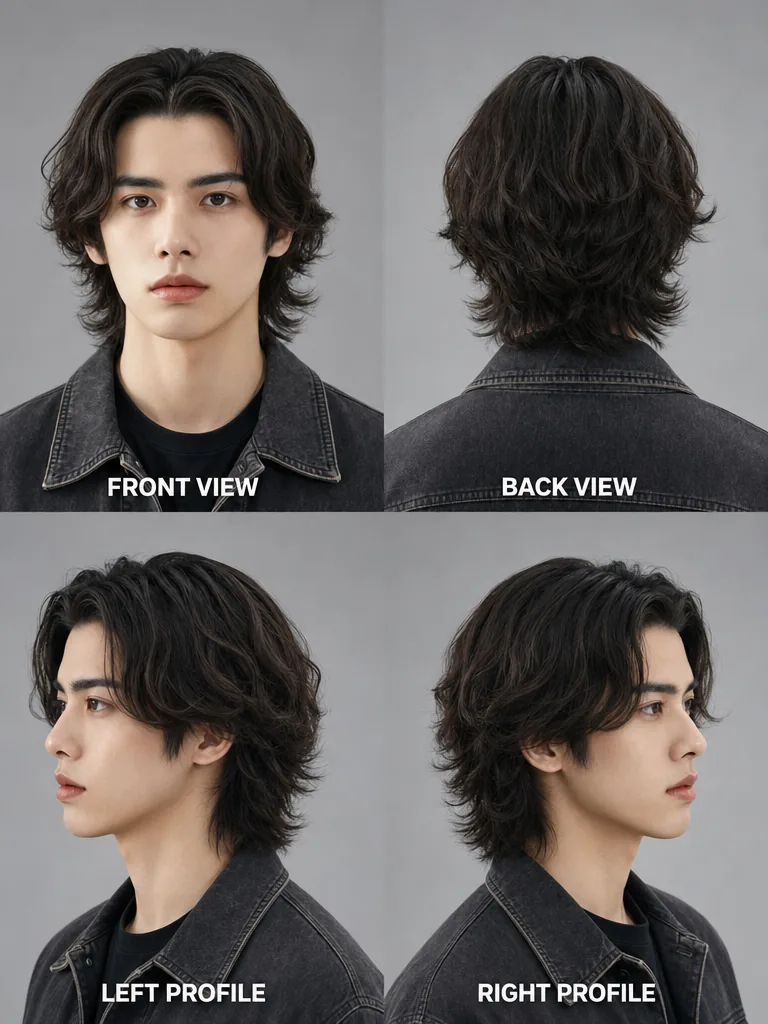 Long Korean Haircut Korean men's hairstyle — front, back, left & right profile