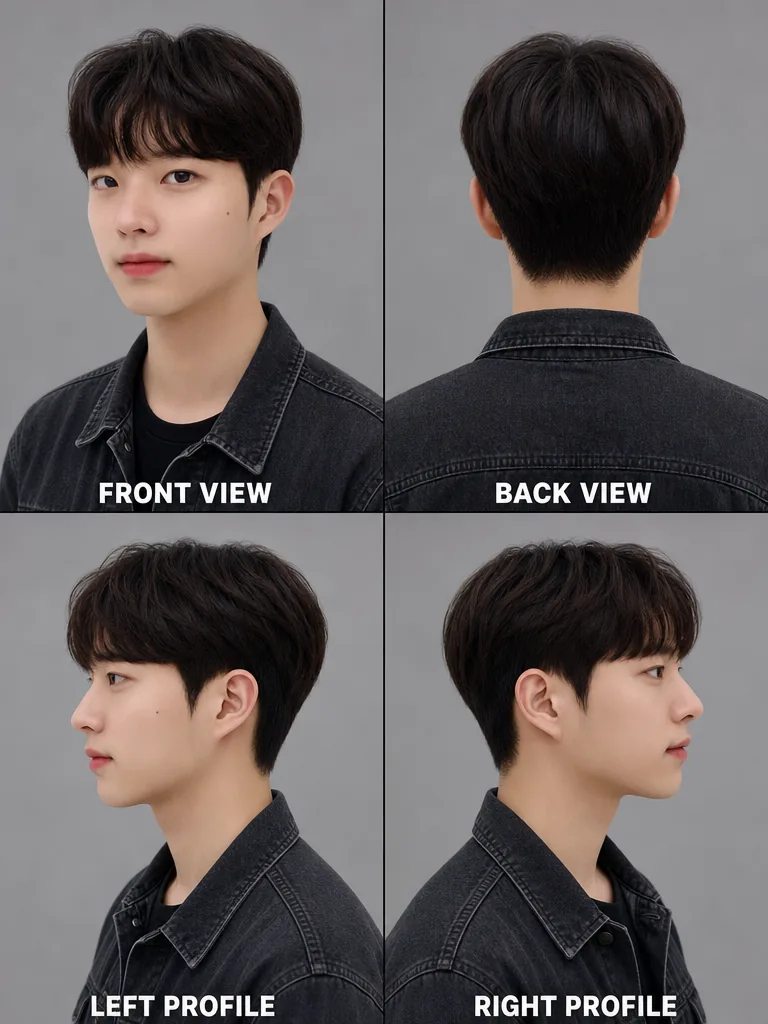 See Through Bangs Korean men's hairstyle — front, back, left & right profile