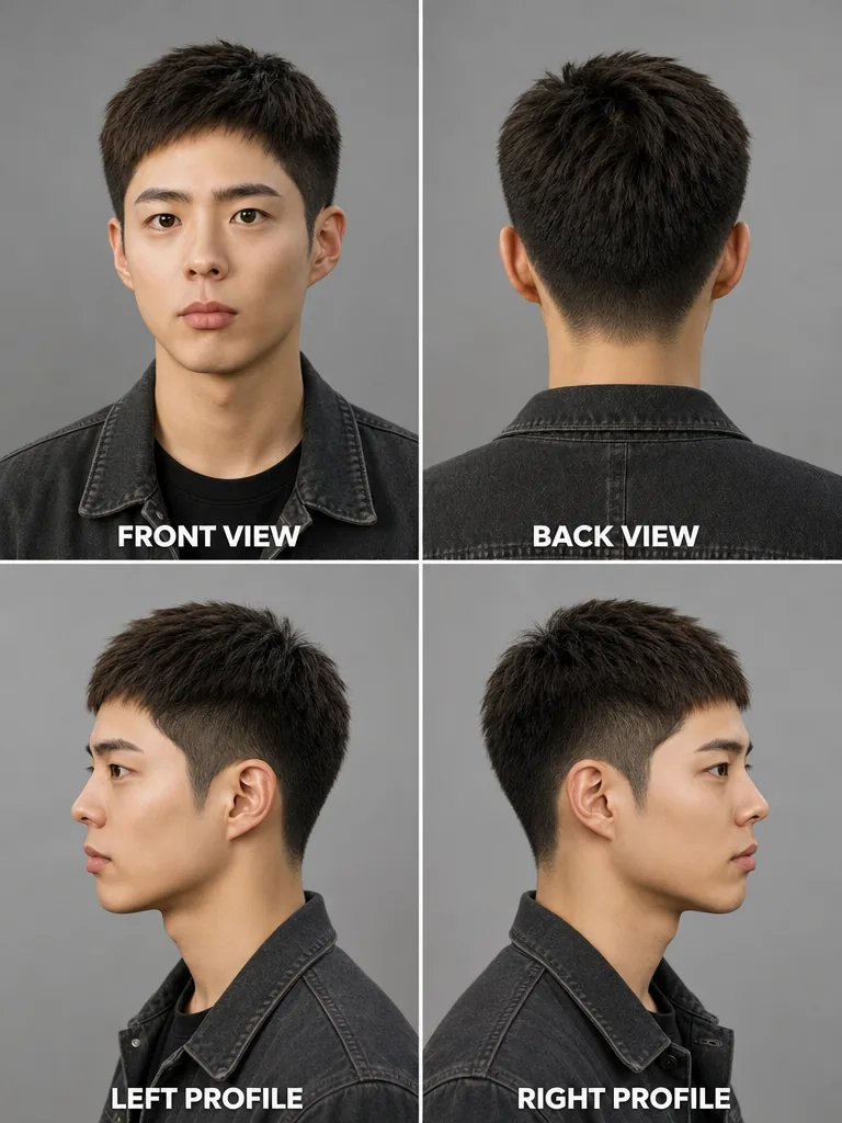 Textured Hair Korean men's hairstyle — front, back, left & right profile