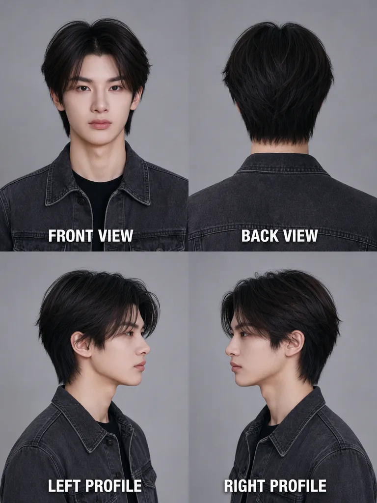Flow Cut Korean men's hairstyle — front, back, left & right profile
