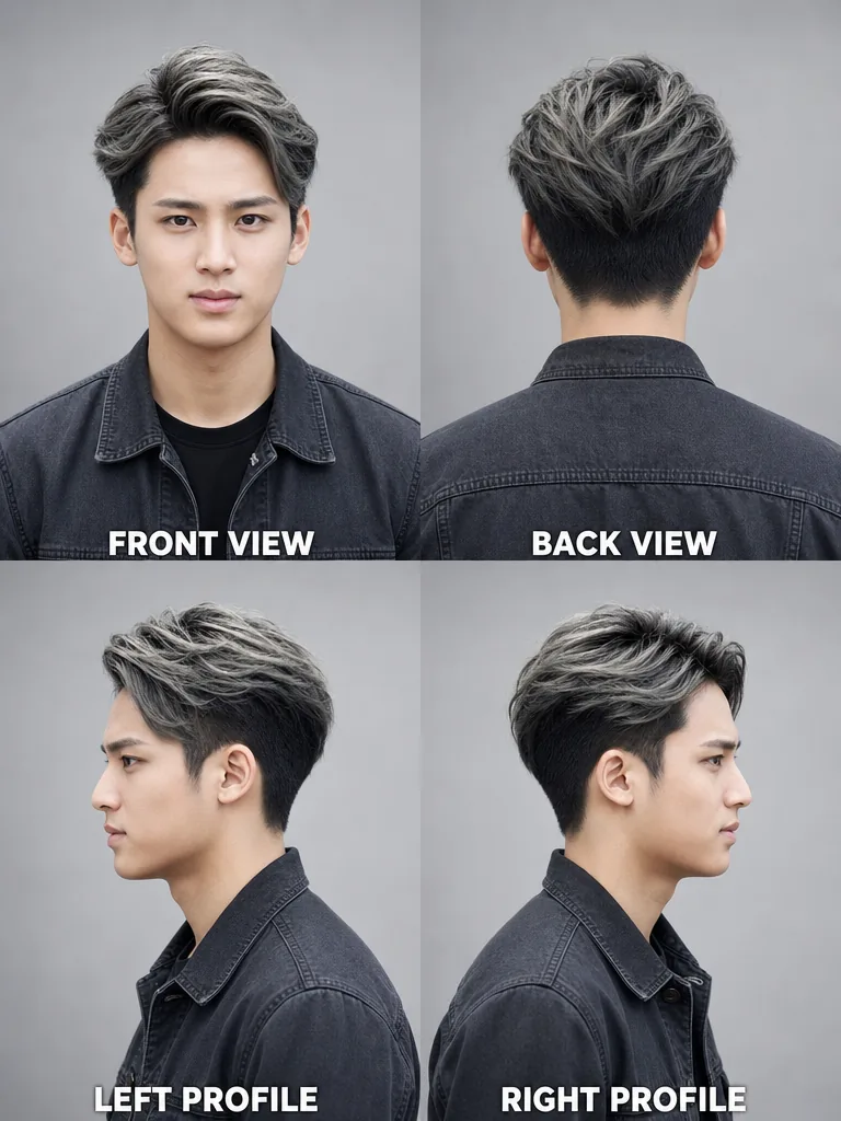Korean Undercut Korean men's hairstyle — front, back, left & right profile