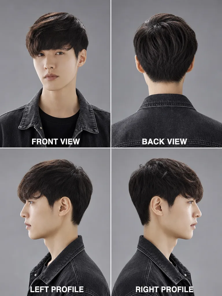 Dandy Cut Korean men's hairstyle — front, back, left & right profile