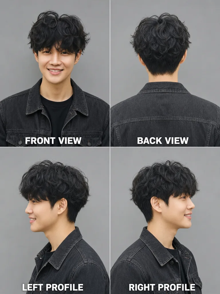 Korean Curly Hair Korean men's hairstyle — front, back, left & right profile