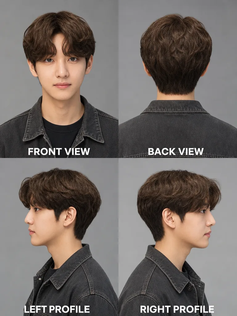 Leaf Perm Korean men's hairstyle — front, back, left & right profile