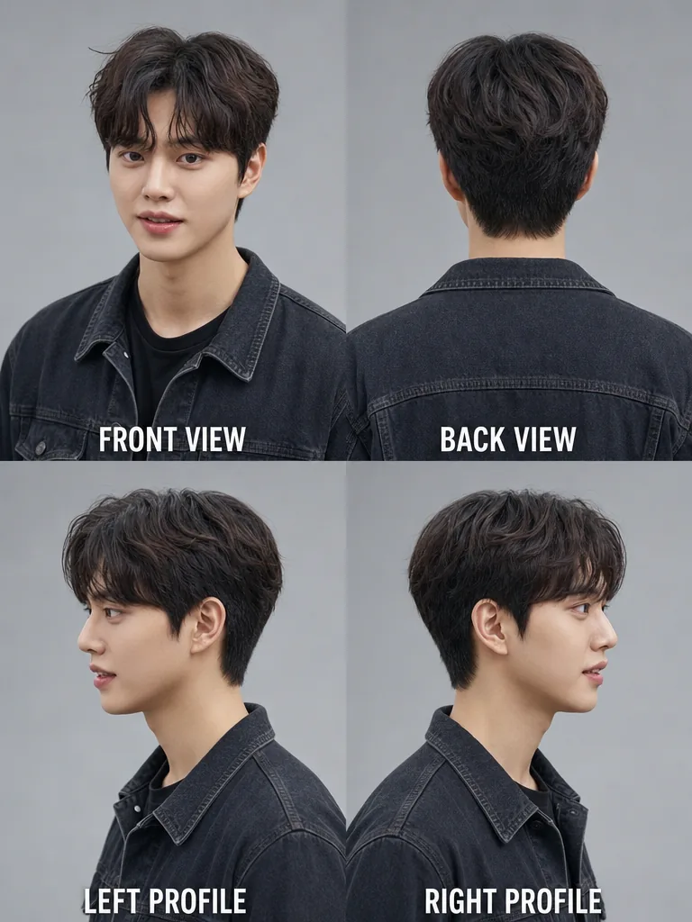 Wavy Korean Hair Korean men's hairstyle — front, back, left & right profile