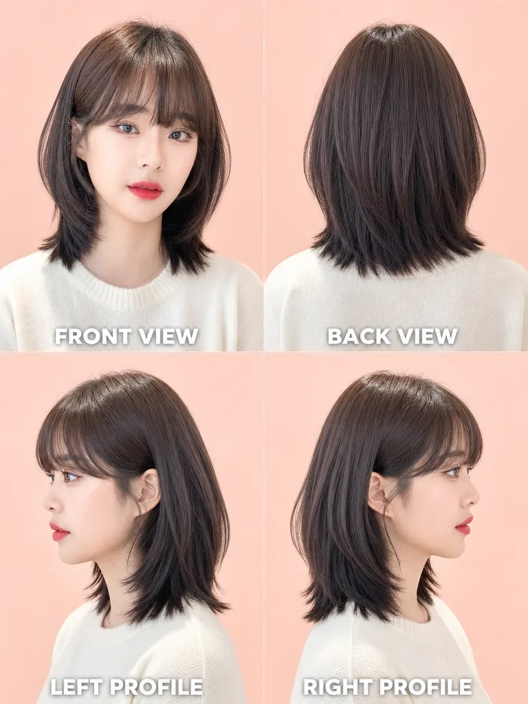 Soft Bob with Bangs Korean men's hairstyle — front, back, left & right profile