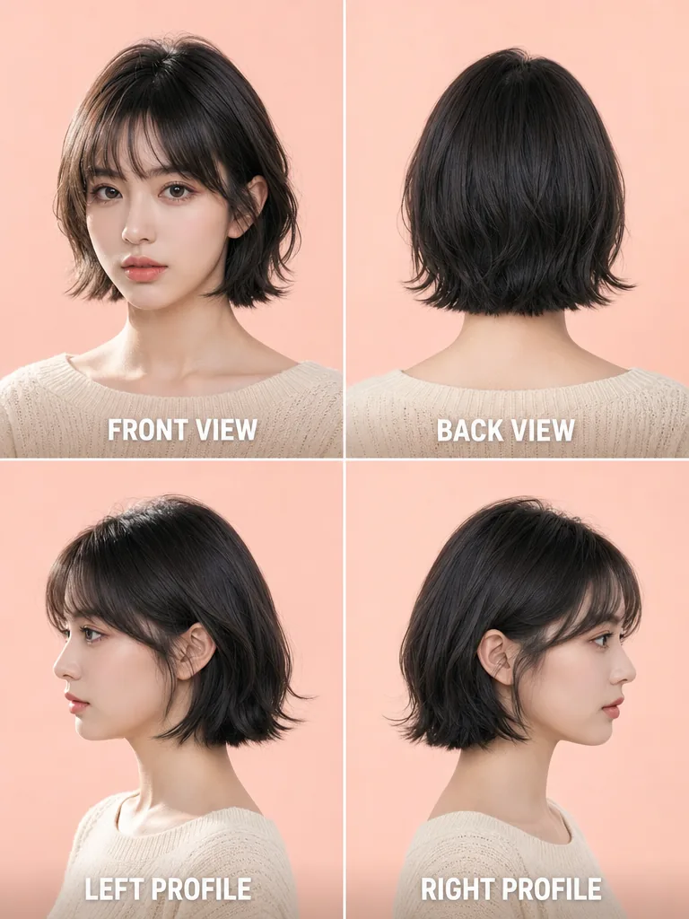 Textured Short Korean Hair Korean men's hairstyle — front, back, left & right profile
