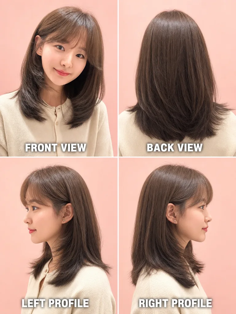 Medium-Length Layers with Bangs Korean men's hairstyle — front, back, left & right profile