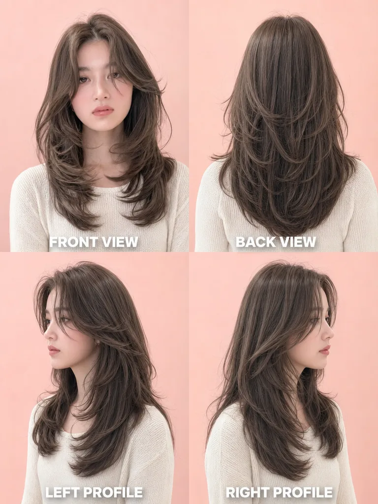 Long Layered Korean Hair Korean men's hairstyle — front, back, left & right profile