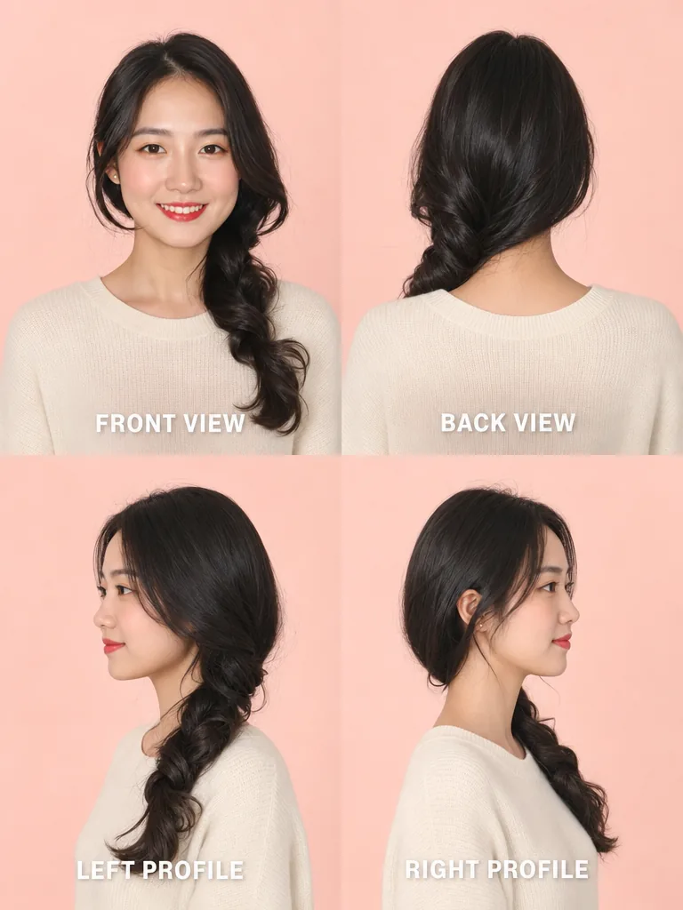 Side Braid with Soft Waves Korean men's hairstyle — front, back, left & right profile