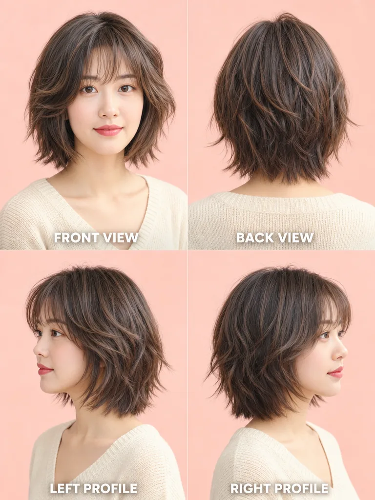 Tousled Short Hair with Bangs Korean men's hairstyle — front, back, left & right profile