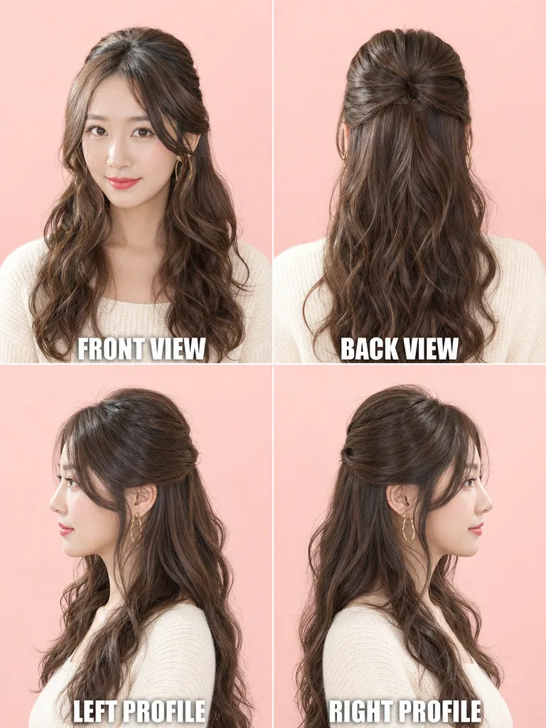 Half-Up with Loose Curls Korean men's hairstyle — front, back, left & right profile