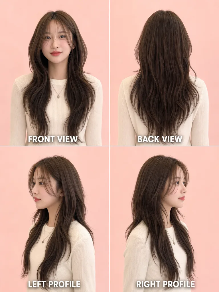 Long Layers with Curtain Bangs Korean men's hairstyle — front, back, left & right profile