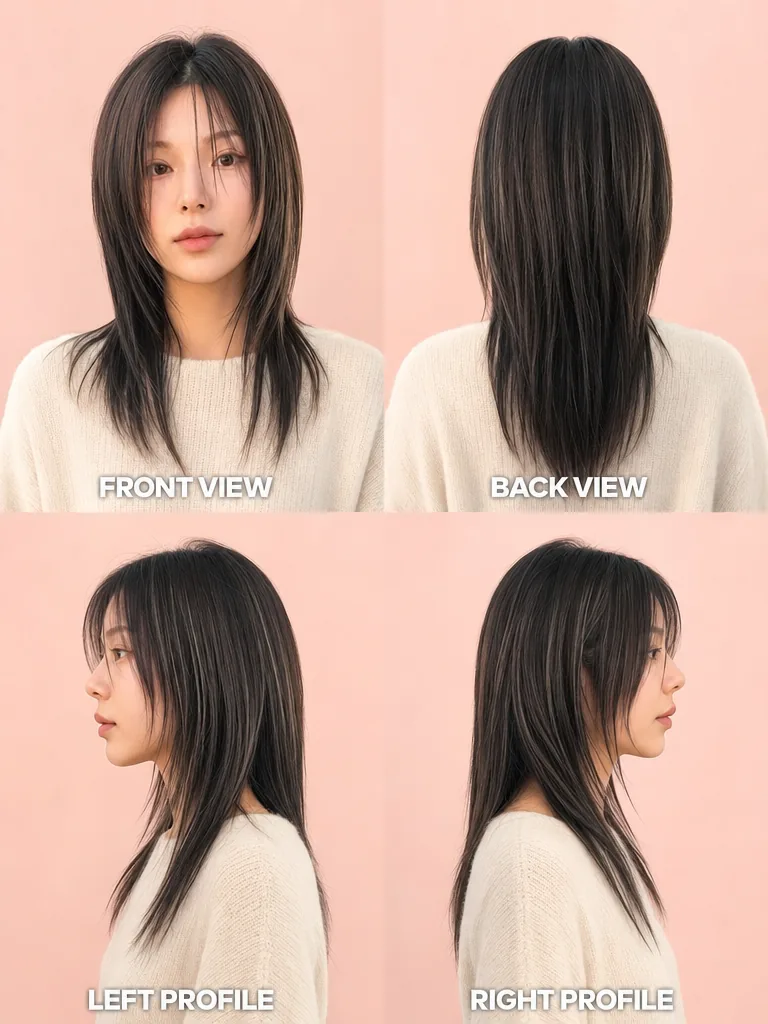 Sleek Layered Korean Hair Korean men's hairstyle — front, back, left & right profile