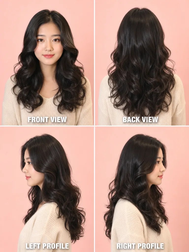 Voluminous Curls with a Glossy Finish Korean men's hairstyle — front, back, left & right profile