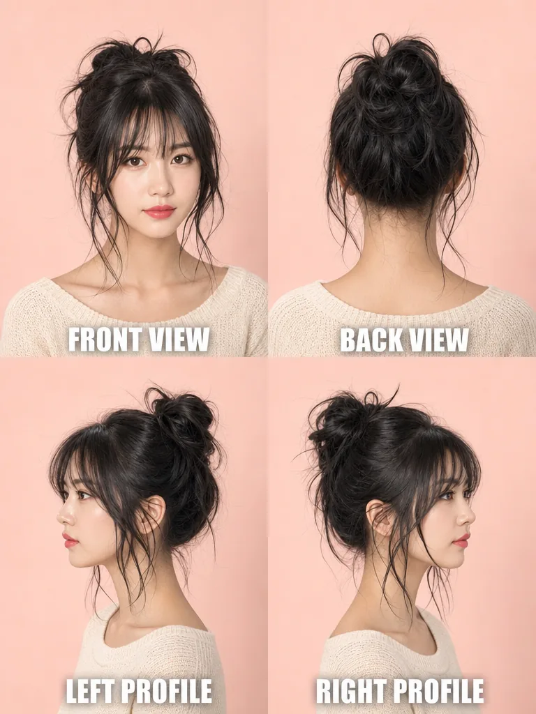 Messy Bun with Wispy Bangs Korean men's hairstyle — front, back, left & right profile