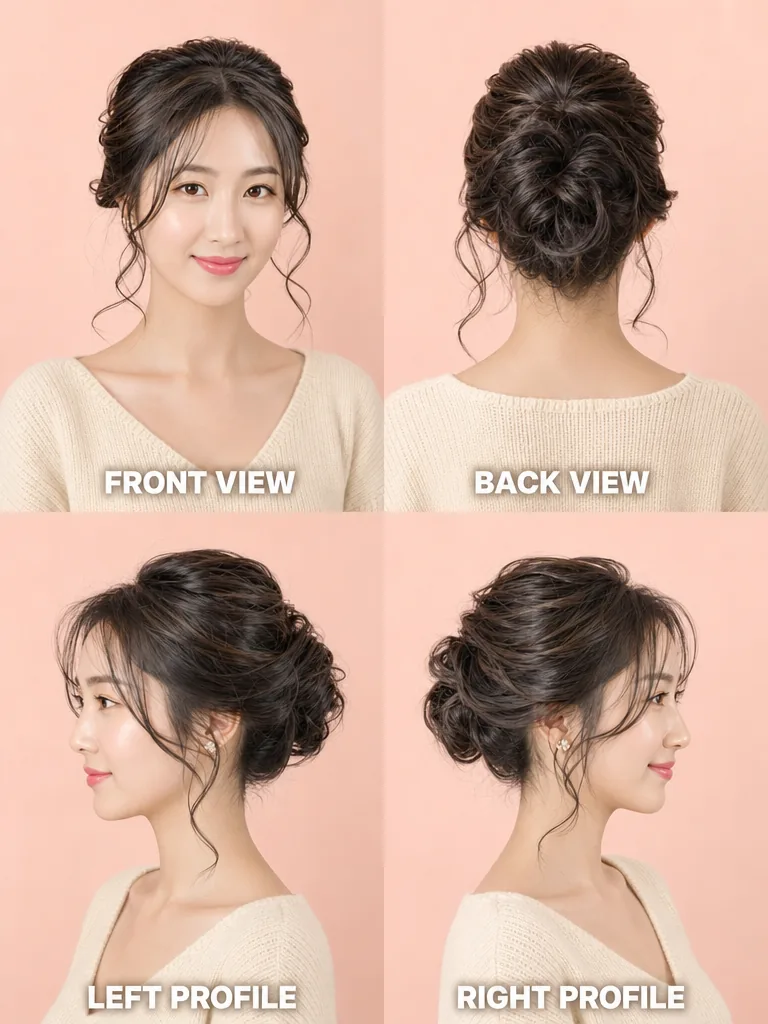 Classic Updo with Soft Curls Korean men's hairstyle — front, back, left & right profile