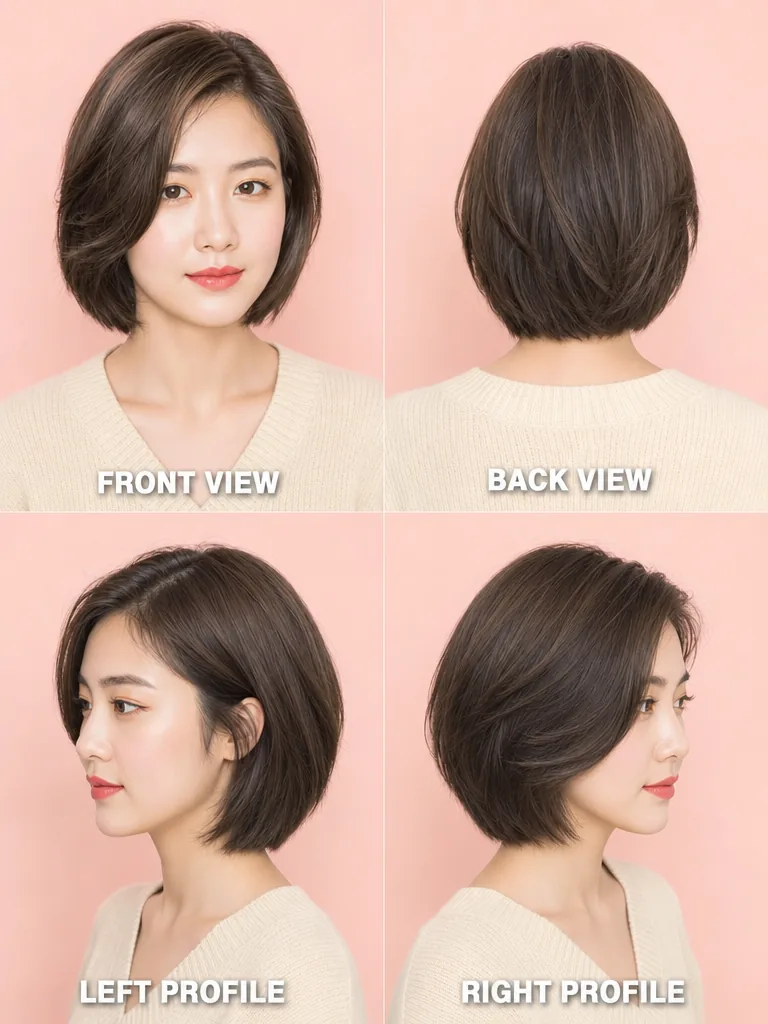 Sleek Short Bob Korean men's hairstyle — front, back, left & right profile