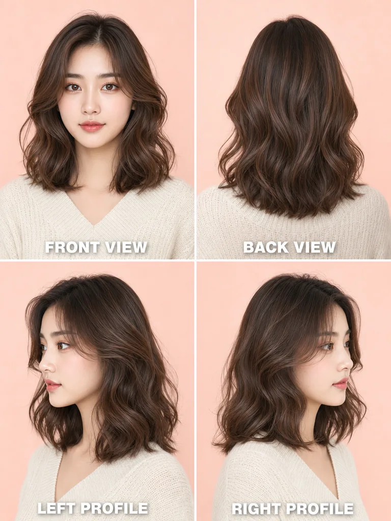 Soft Waves with a Middle Part Korean men's hairstyle — front, back, left & right profile