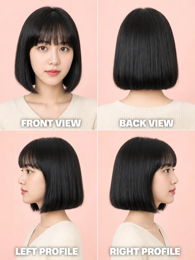 Blunt Bob with Full Bangs Korean men's hairstyle — front, back, left & right profile
