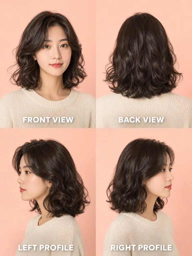 Voluminous Curls with Side Part Korean men's hairstyle — front, back, left & right profile