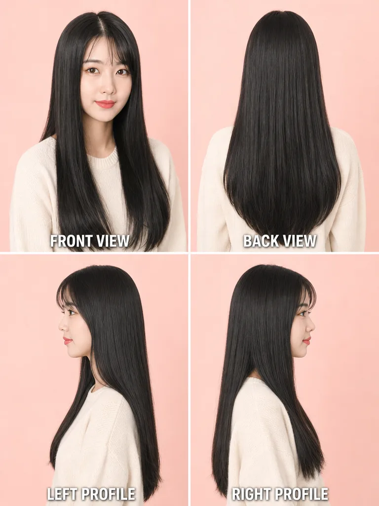 Sleek Long Hair with Subtle Layers Korean men's hairstyle — front, back, left & right profile