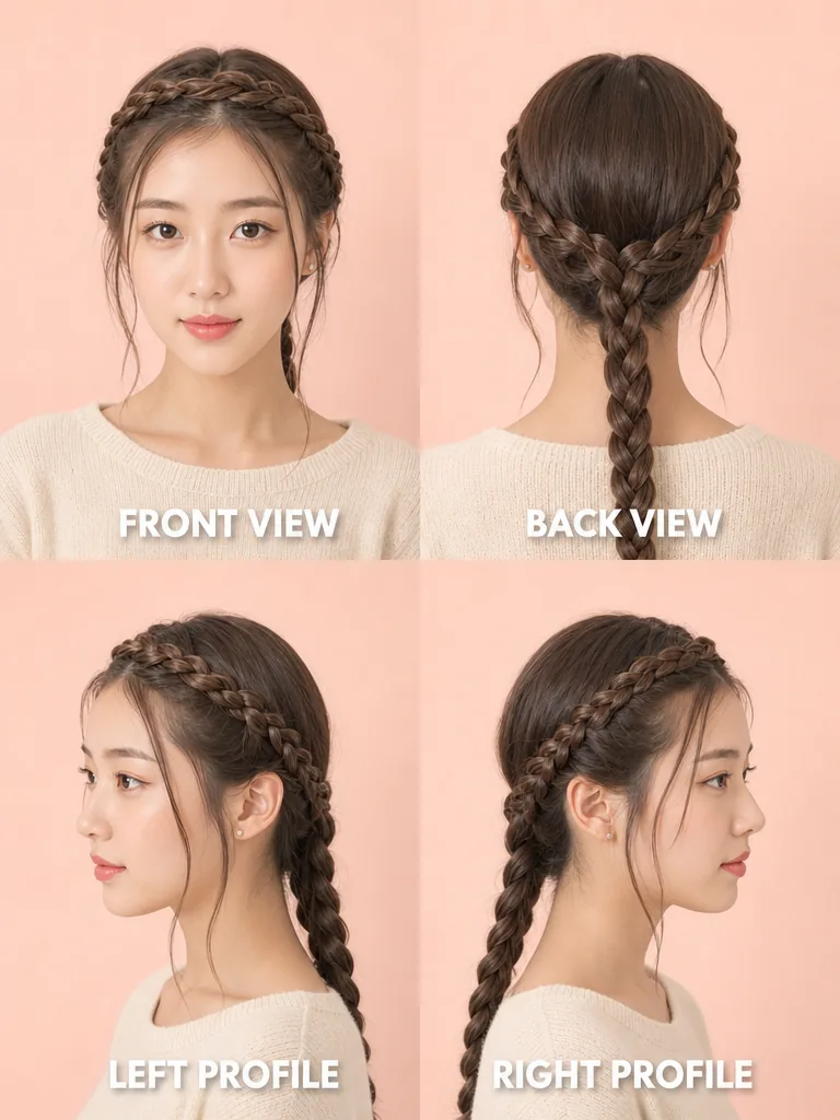 Braided Crown with Loose Strands Korean men's hairstyle — front, back, left & right profile