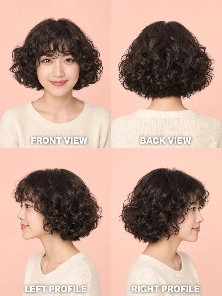 Short Curly Bob with Bangs Korean men's hairstyle — front, back, left & right profile