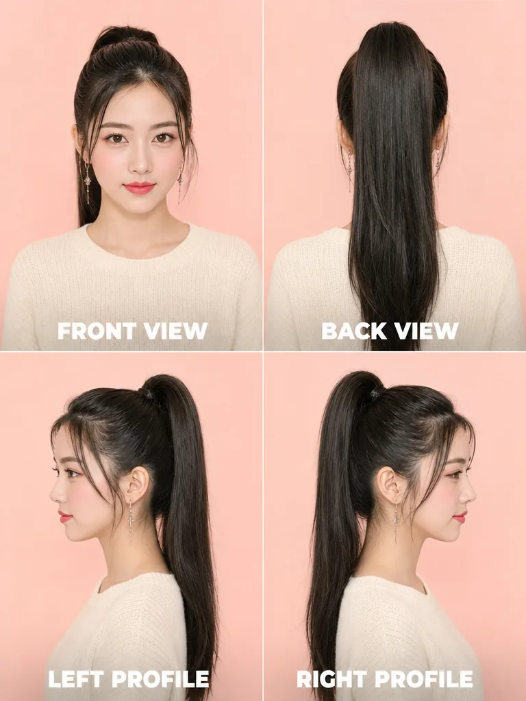 High Ponytail with Sleek Finish Korean men's hairstyle — front, back, left & right profile