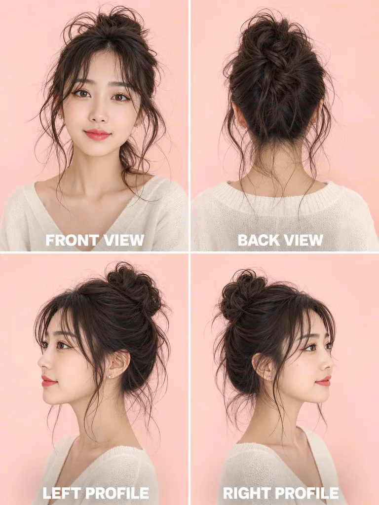 Messy Updo with Wispy Layers Korean men's hairstyle — front, back, left & right profile