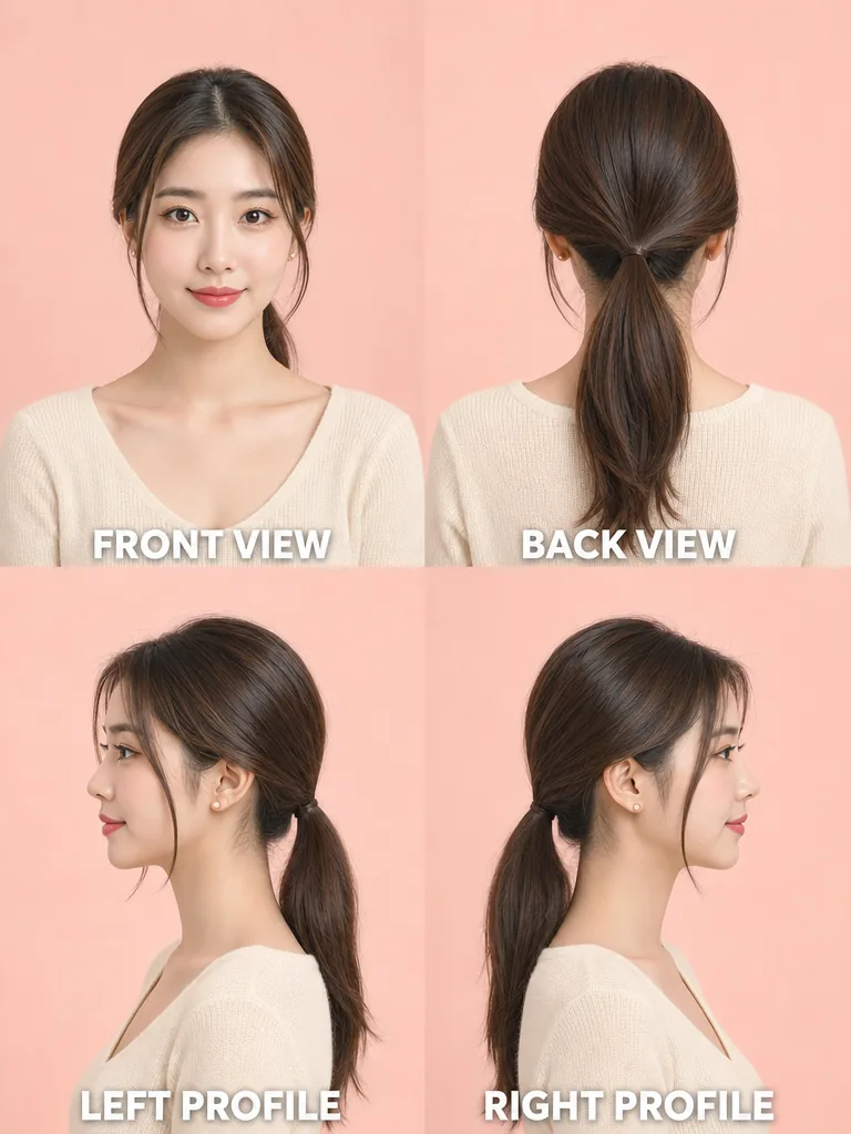 Sleek Low Ponytail with Face-Framing Strands Korean men's hairstyle — front, back, left & right profile