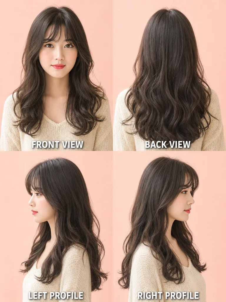 Long Waves with Curtain Bangs Korean men's hairstyle — front, back, left & right profile