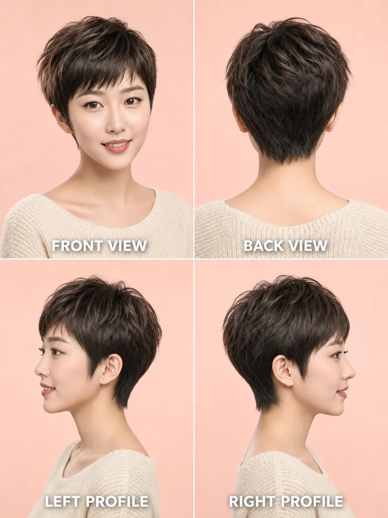 Pixie Cut with Textured Layers Korean men's hairstyle — front, back, left & right profile