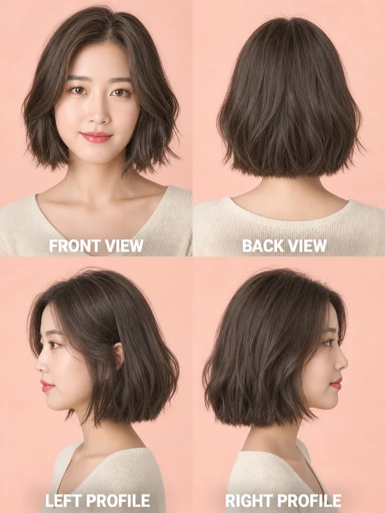 Soft Bob with Subtle Waves Korean men's hairstyle — front, back, left & right profile