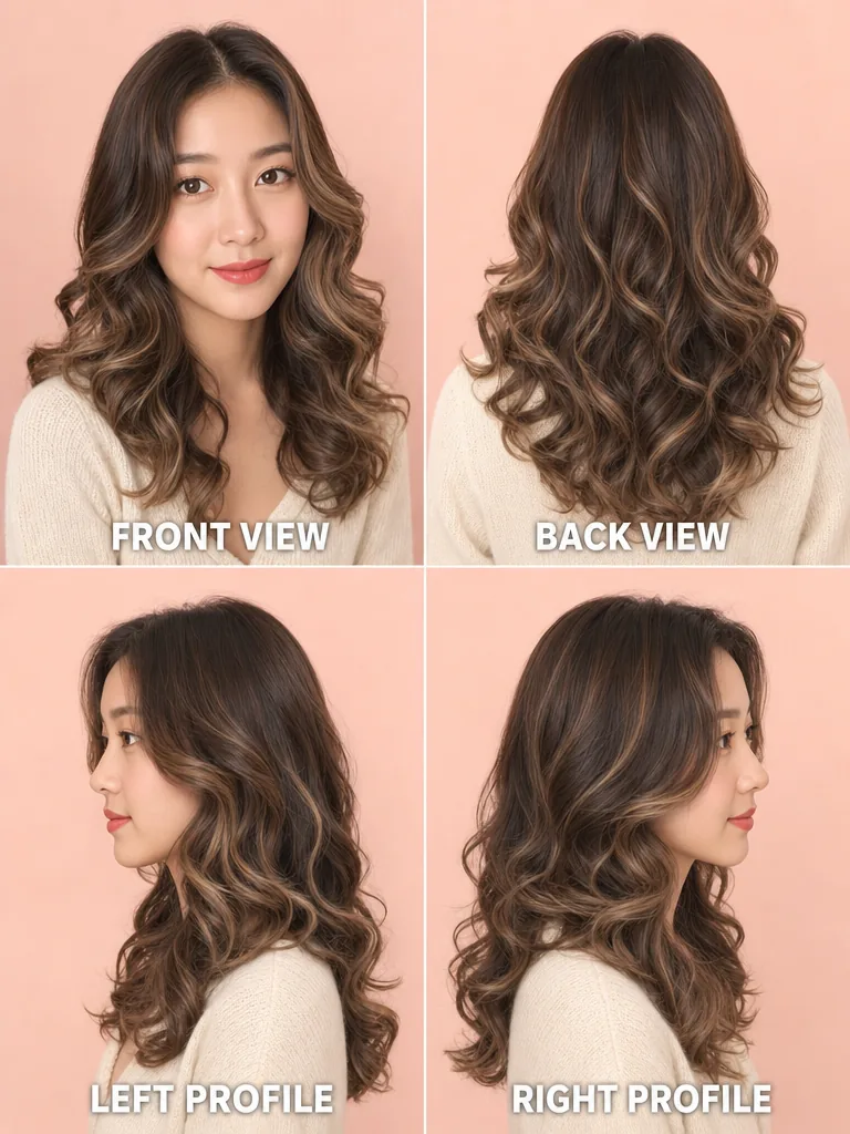 Glamorous Curls with Highlights Korean men's hairstyle — front, back, left & right profile
