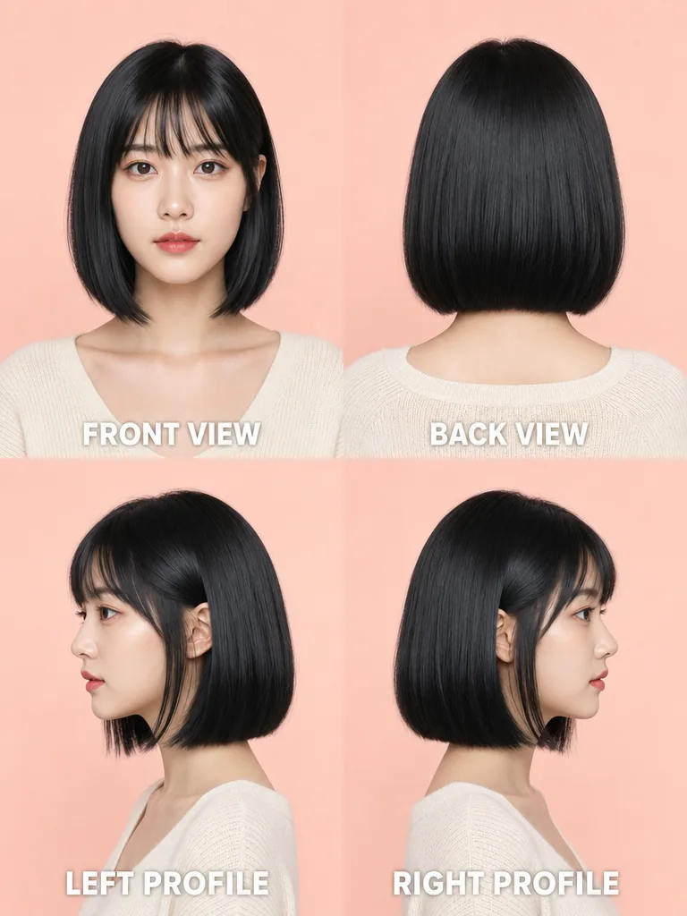 Sleek Bob with Wispy Bangs Korean men's hairstyle — front, back, left & right profile