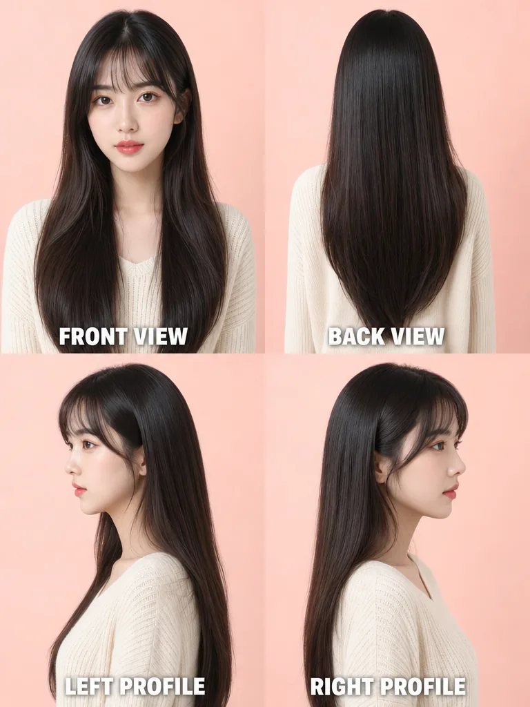 Long Straight Hair with Soft Bangs Korean men's hairstyle — front, back, left & right profile